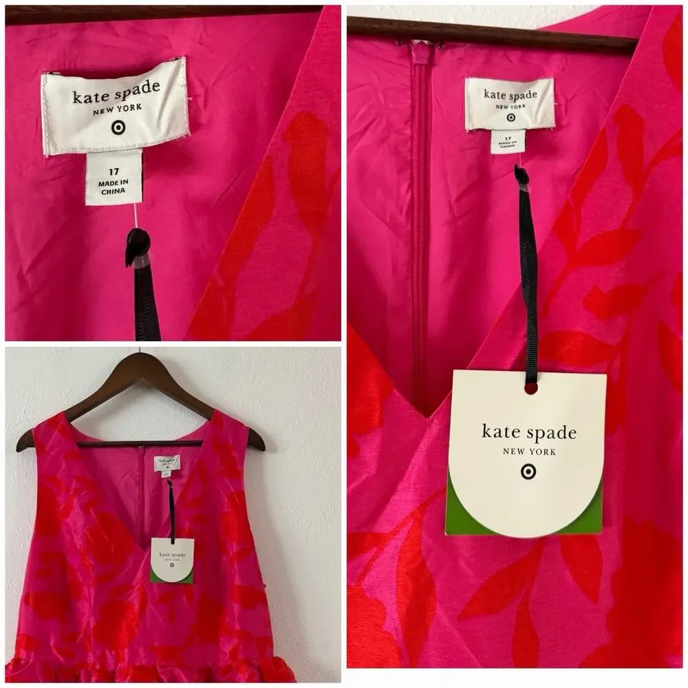 Kate Spade New York NWT Floral Jacquard Midi Dress 17 Pink Red Ruffle Waist - Picture 3 of 10